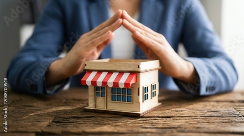 Concept of small business insurance and commercial coverage with a miniature shop model.