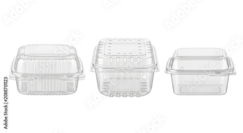 Fotografie Three clear plastic clamshell food containers isolated on transparent background