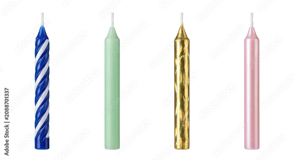 Naklejka premium Four festive birthday cake candles isolated on transparent background