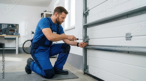 Male repairman fixing a white sectional garage door using tools for home maintenance.