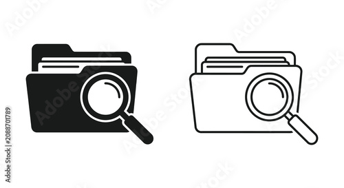File folder with magnifying glass icon black and white line art