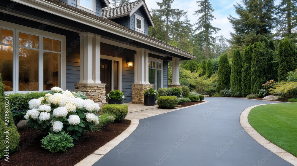 Obraz premium Elegant luxury home exterior with stone accents, manicured garden, blooming hydrangea, and curved driveway in serene forest setting