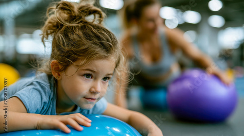 Young girl balancing on a large blue exercise ball while training with a female coach in a bright indoor fitness studio