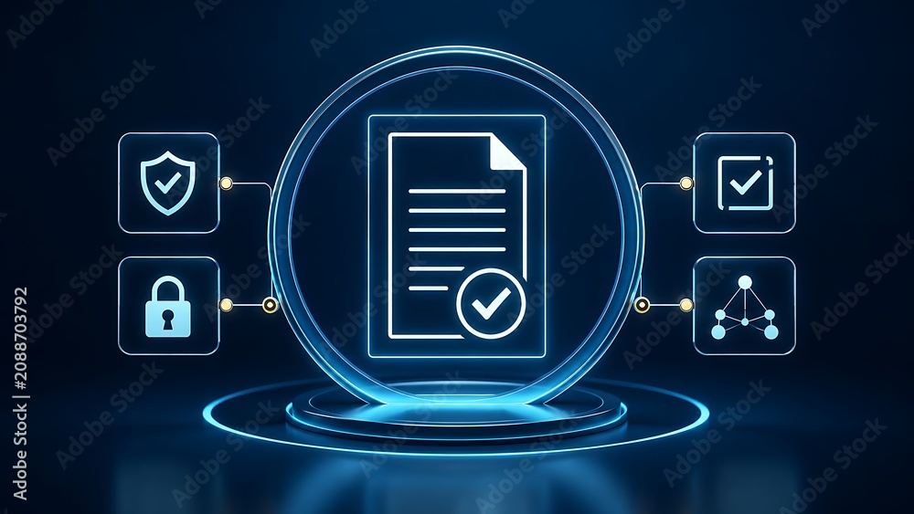 Fototapeta premium Innovative cyber security authorization interface displaying a digital document with shield and checkmark highlighting reliable compliance and trusted data privacy for modern enterprises