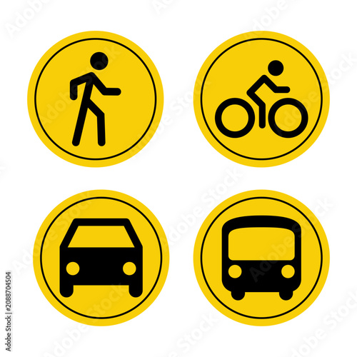 Obraz na plátne Transportation warning signs, set of yellow circular icons for pedestrian, bicyc
