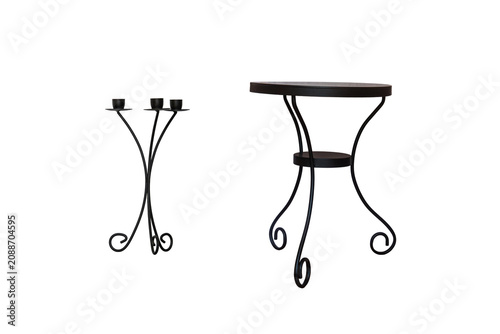 black candlestick and round table isolated on white background