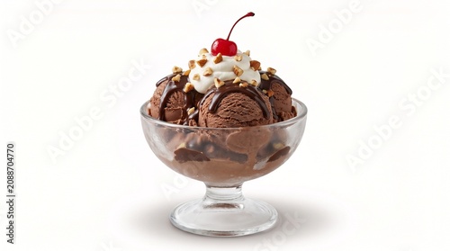 Chocolate ice cream sundae with whipped cream, cherry, and nuts
