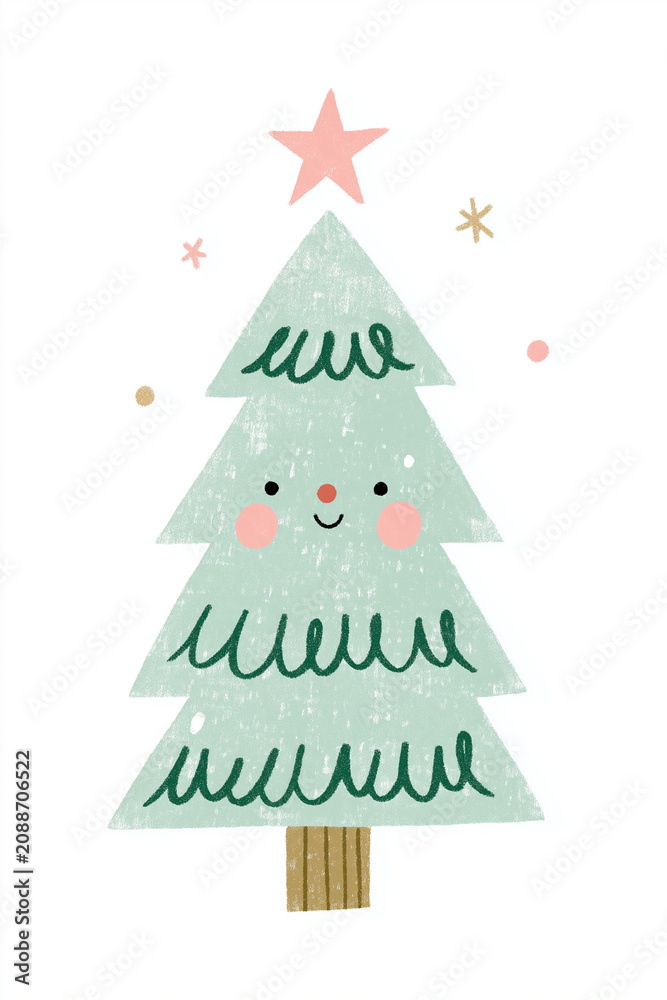 Fototapeta premium Cute smiling Christmas tree illustration with a pink star on top. Festive winter holiday icon with happy character design. Minimalist graphic art for greeting card and seasonal decor.