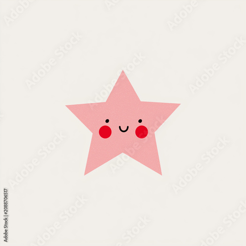 Cute pink star character with happy face. Kawaii style celestial object for Christmas holiday decoration. Minimalist festive nursery art for winter season celebration greeting card.