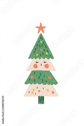 Cute christmas tree illustration with smiling face and star topper. Hand drawn vector doodle style artwork for holiday decoration and greeting card design with seasonal winter theme.