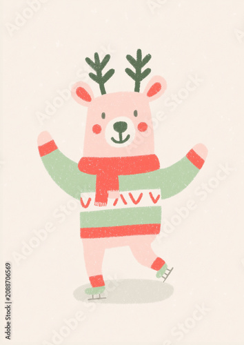 Cute pink deer wearing a cozy sweater and scarf balancing on ice skates. Drawing of a merry animal character for winter season holiday greeting card or festive nursery wall art decor.