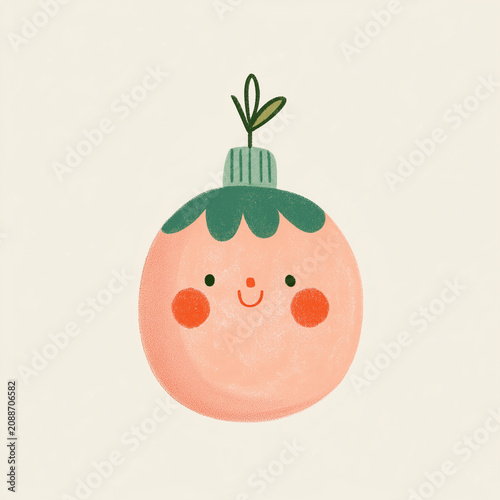 Cute Christmas ornament with smiling face and leaf. Hand drawn illustration of stylized holiday bauble character. Festive decor element for winter season greeting card design.