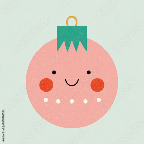 Cute pink christmas bauble ornament with smiling face and rosy cheek. Decorative ball for festive fir tree decoration. Merry Christmas and New Year winter holiday greeting card design.