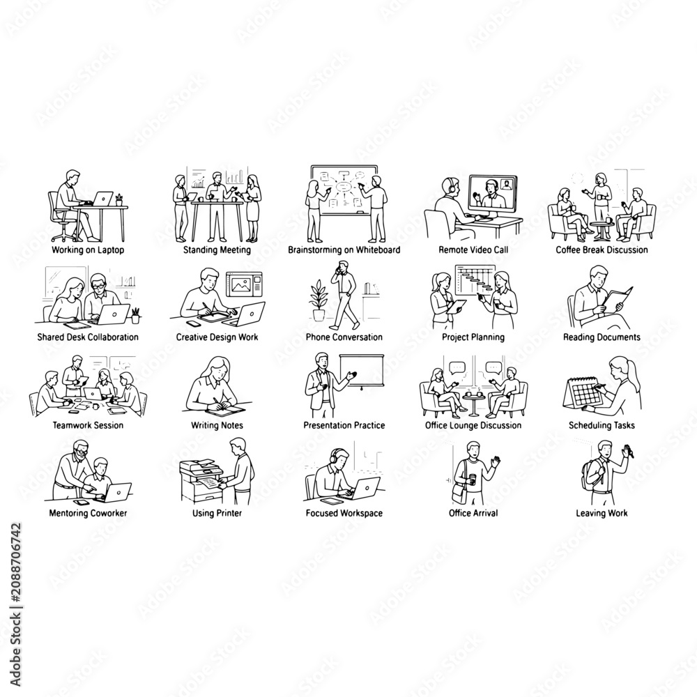 Obraz premium Coworking office daily activities vector line art icons