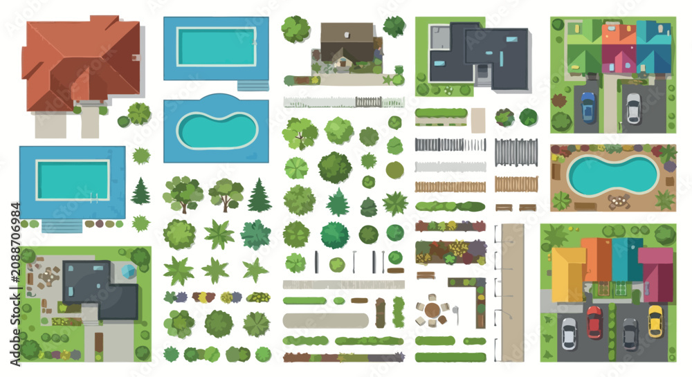 Fototapeta premium Architectural elements vector illustration with houses trees and swimming pools