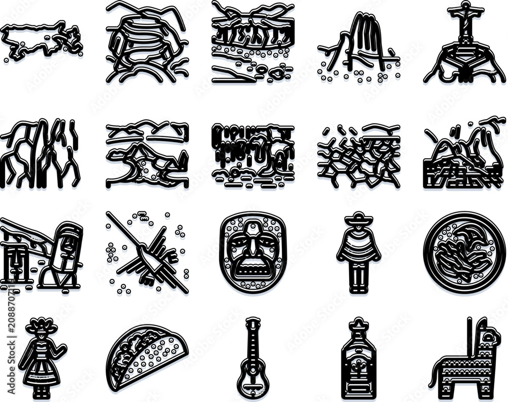 Naklejka premium Latin america and mexico culture icons collection featuring traditional symbols, ancient patterns, monuments, food, musical instruments and local celebrations showcasing regional heritage