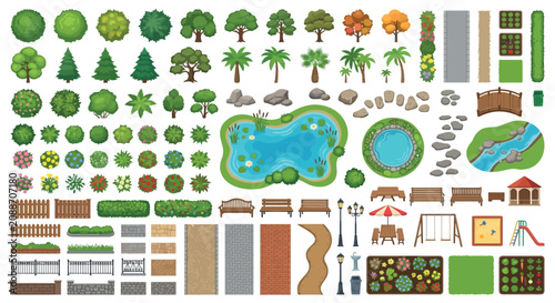 Top down view park elements vector illustration with white background