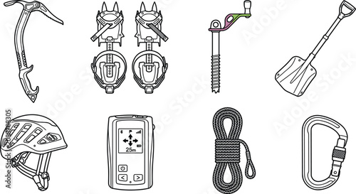 Tableau sur toile Ice Climbing and Mountaineering Safety Equipment Icon Set with Ice Axe Crampons