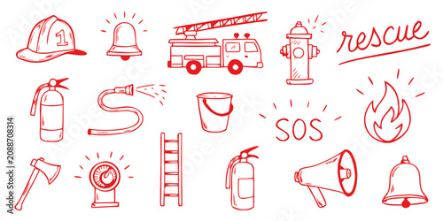Firefighter equipment collection with rescue icons during emergency response situations