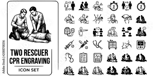 Foto Two Rescuer CPR Engraving Black White-Rotation BVM Ventilate Team Code-Team Resu