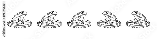 Konstfotografi Five frogs perched on lily pads in a row against a white background simple illus