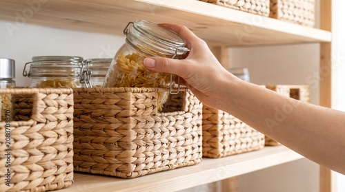Hand reaching for a glass jar filled with pasta in a wicker basket on a wooden kitchen pantry shelf