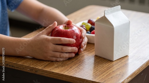Child holding a fresh red apple on a wooden desk with a milk carton and berry bowl, representing a healthy school lunch