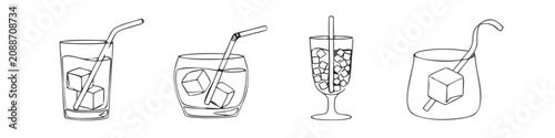 Photos Four cold drinks with ice cubes and straws in different glasses during summer re