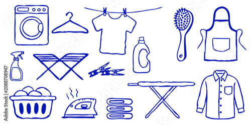 Laundry icons arranged in a clean composition with a white background and blue outline style