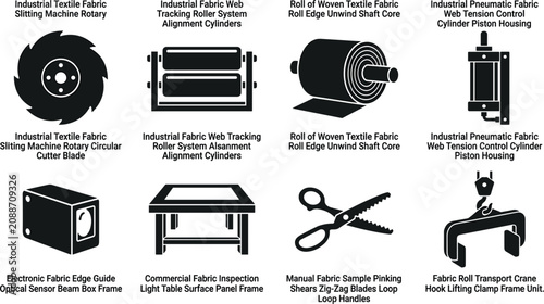 Tableau sur toile Industrial Textile Manufacturing and Fabric Processing Equipment Icon Set with S