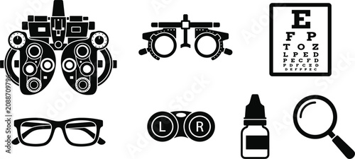 Cuadro en lienzo Optometry and Ophthalmology Eye Care Equipment Icon Set with Phoropter Trial Fra