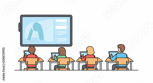 Students learning in a classroom with a large screen displaying educational content.