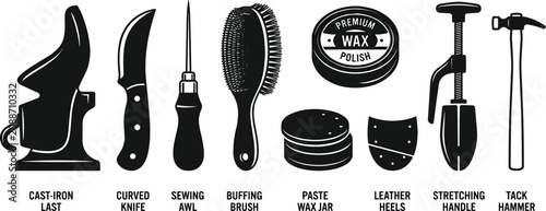 Tableau sur toile Shoemaking and Cobbler Tools Icon Set with Cast Iron Last Knife Awl Brush Wax Po