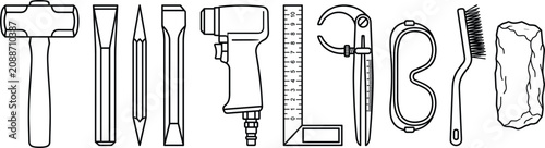 Photos Stone Carving and Sculpting Tools Line Icon Set with Hammer Chisel Pneumatic Ham