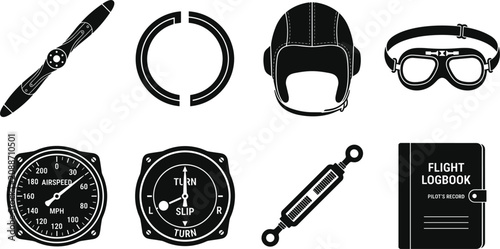Quadro su tela Vintage Aviation Elements and Pilot Gear Silhouette Icon Set for Retro Flight Ac