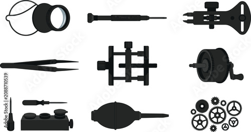 Quadro em tela Vintage Mechanical Watch Repair and Horology Hand Tools Silhouette Icon Set for