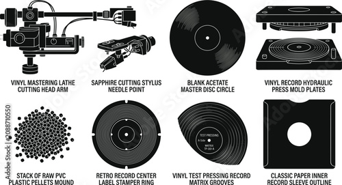 Cuadro en lienzo Vinyl Record Manufacturing and Mastering Equipment Icon Set with Cutting Lathe S