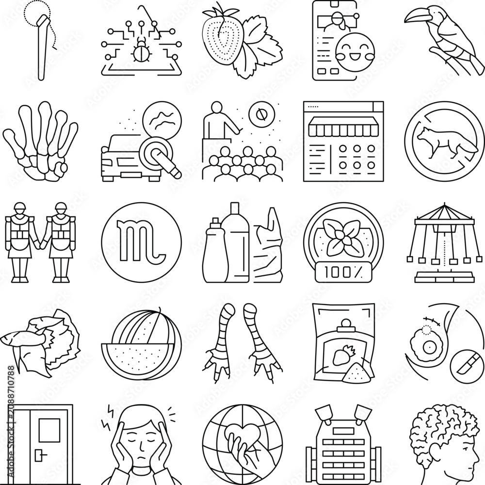 Fototapeta premium Outline icon set of internet security, agriculture, mobile tech, animals, anatomy, medical and social issues, food and everyday objects in black and white line art vectors
