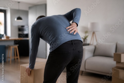 A man stands bent over a cardboard box in a living room. He holds his lower back in discomfort. The room has furniture and a kitchen area in the background.