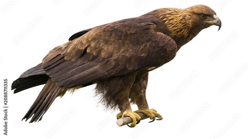 Obraz premium Majestic brown golden eagle perched on a branch, isolated on transparent background