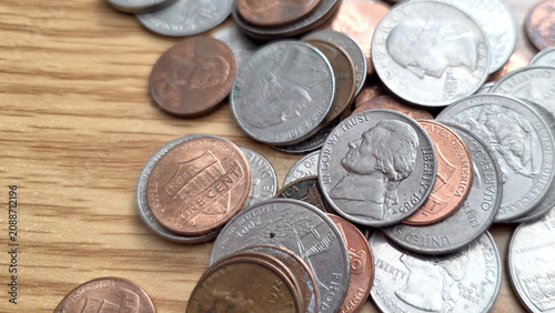 Quadro su tela collection of united states USD nickels, pennies, quarters and dime coins scatte