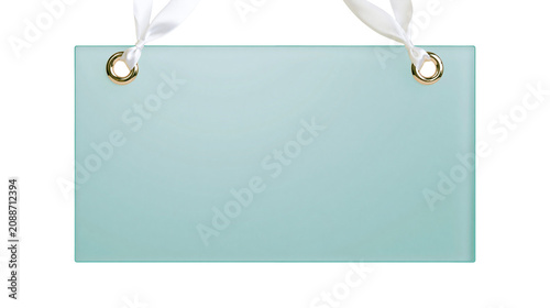 Quadro su tela Frosted aqua glass rectangle with gold grommets and white ribbon, isolated on tr