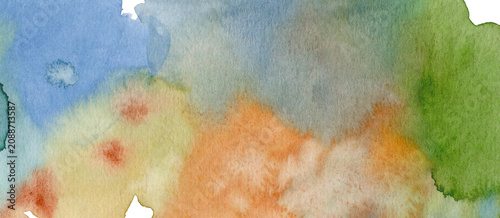 Abstract watercolor background with soft color stains and organic paint texture on white background for design, scrapbook, branding, invitations, posters and creative projects.