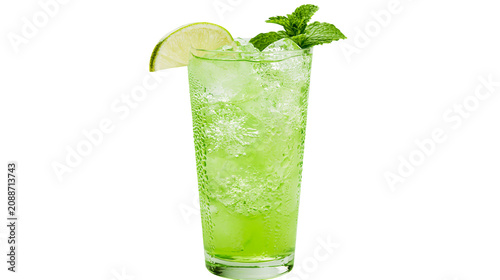 Bild auf Leinwand Tall green cocktail with ice mint and lime slice, isolated on transparent backgr
