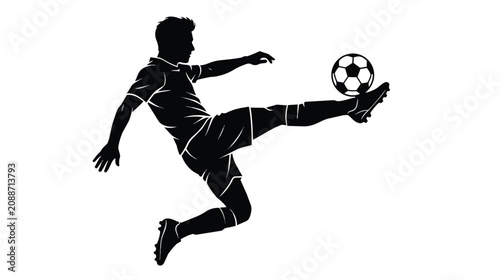 Fényképezés Soccer player silhouette kicking ball, professional football athlete in mid-air