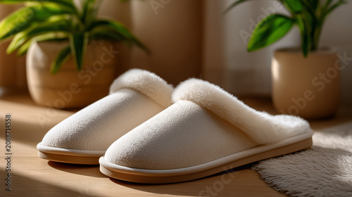 Comfortable house beige slippers on soft rug in cozy minimalist bedroom