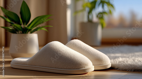 Comfortable house slippers in cozy minimalist bedroom