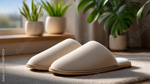 House slippers on soft rug in cozy minimalist bedroom