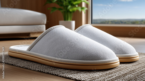 Soft comfortable house slippers on woven rug in cozy apartment
