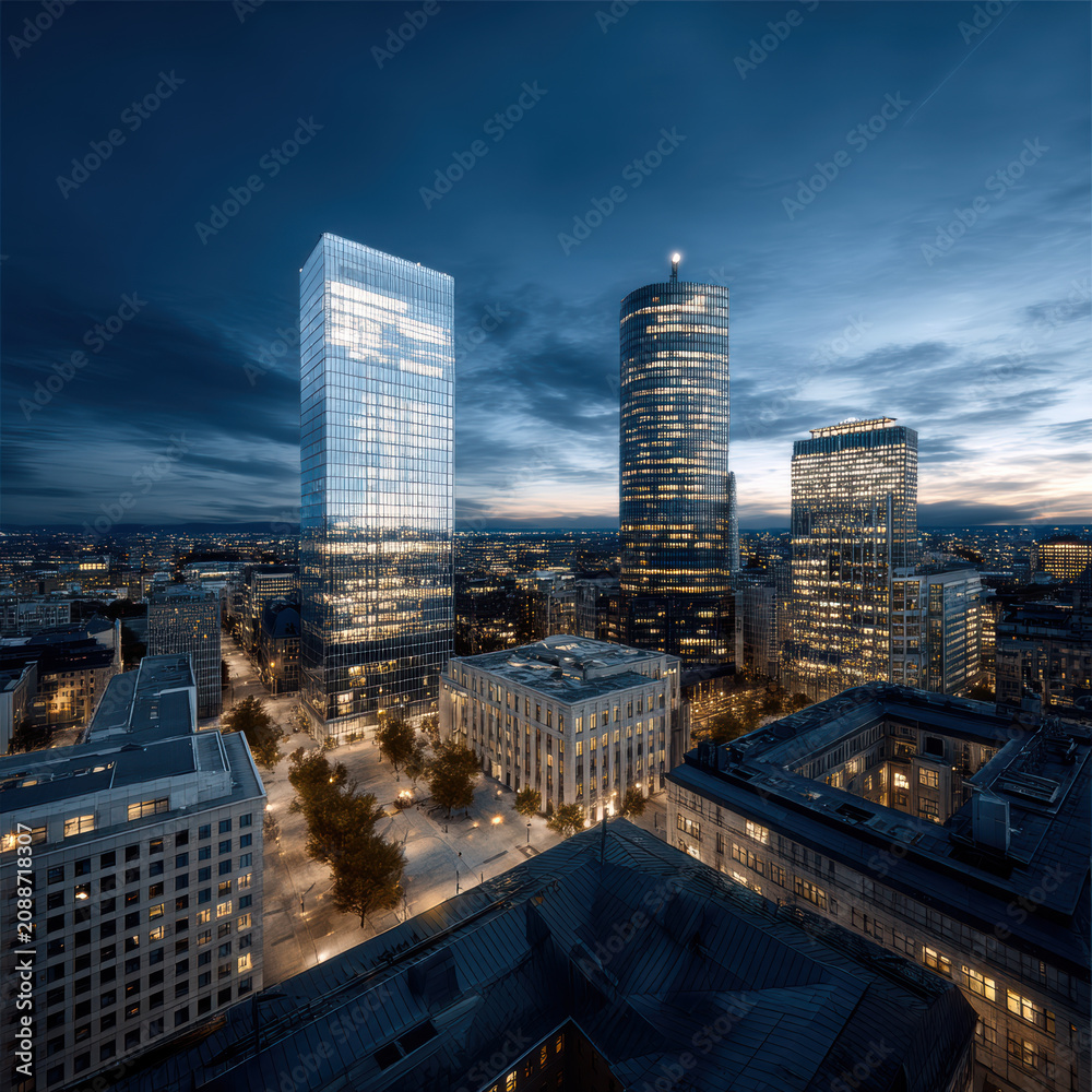 Obraz premium Modern business district skyline, high rise glass building, office tower, cityscape at dusk, urban architecture, illuminated windows